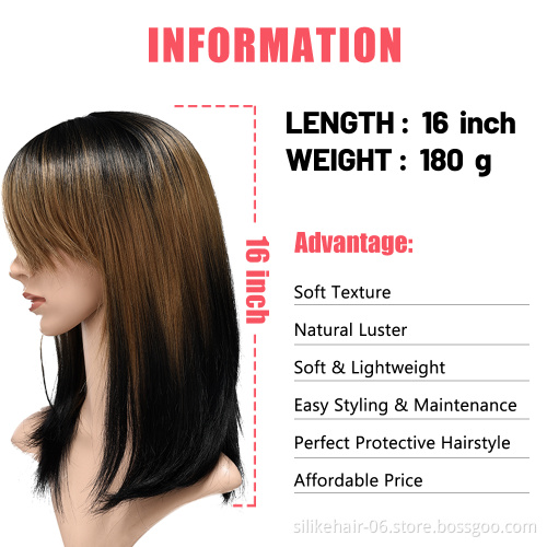 Straight Wigs Hair for Women Natural As Real human wigs  16 Inches Straight with Flat Bangs Synthetic Dyeing Gradient ShortHair